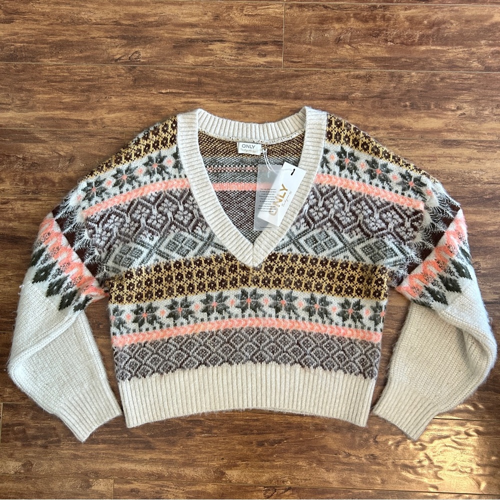 NWT Only beige pullover sweater v neck green yellow knit cardigan retro eclectic
